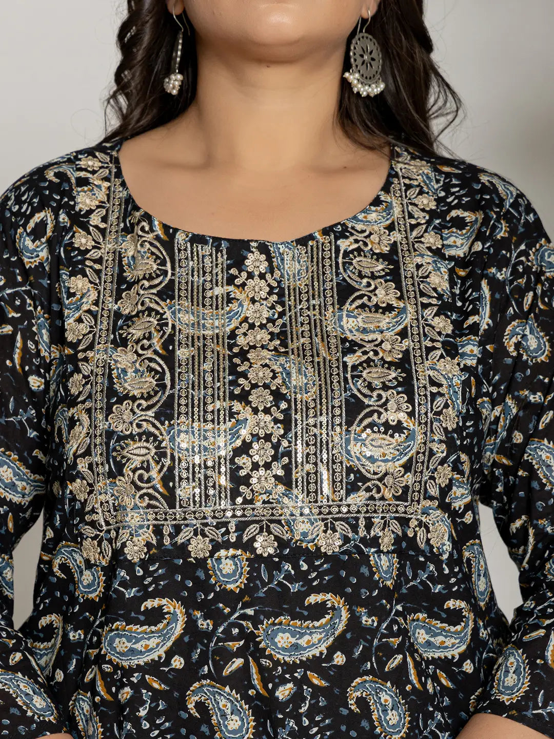 Yufta Cotton Black Printed Plus Size Kurta Dupatta Set