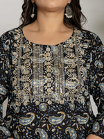 Thumbnail for Yufta Cotton Black Printed Plus Size Kurta Dupatta Set