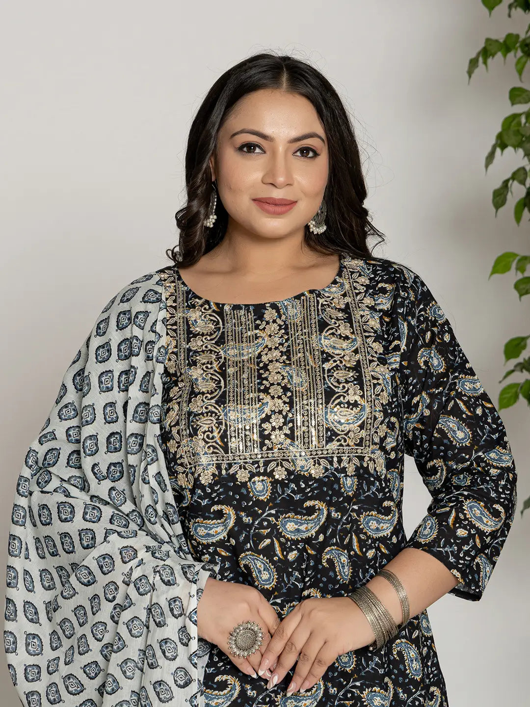 Yufta Cotton Black Printed Plus Size Kurta Dupatta Set