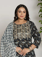 Thumbnail for Yufta Cotton Black Printed Plus Size Kurta Dupatta Set