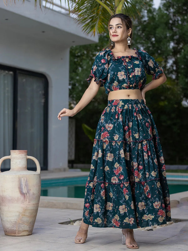 Yufta Cotton Green Skirt Co-Ord Set