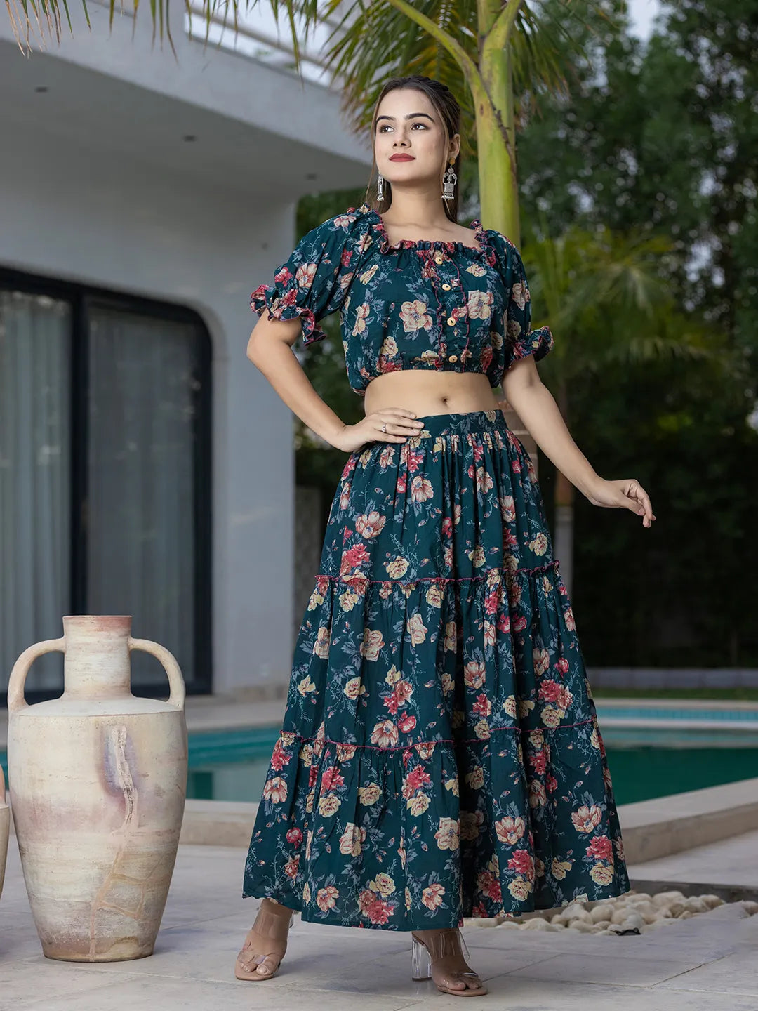 Yufta Cotton Green Skirt Co-Ord Set - Distacart