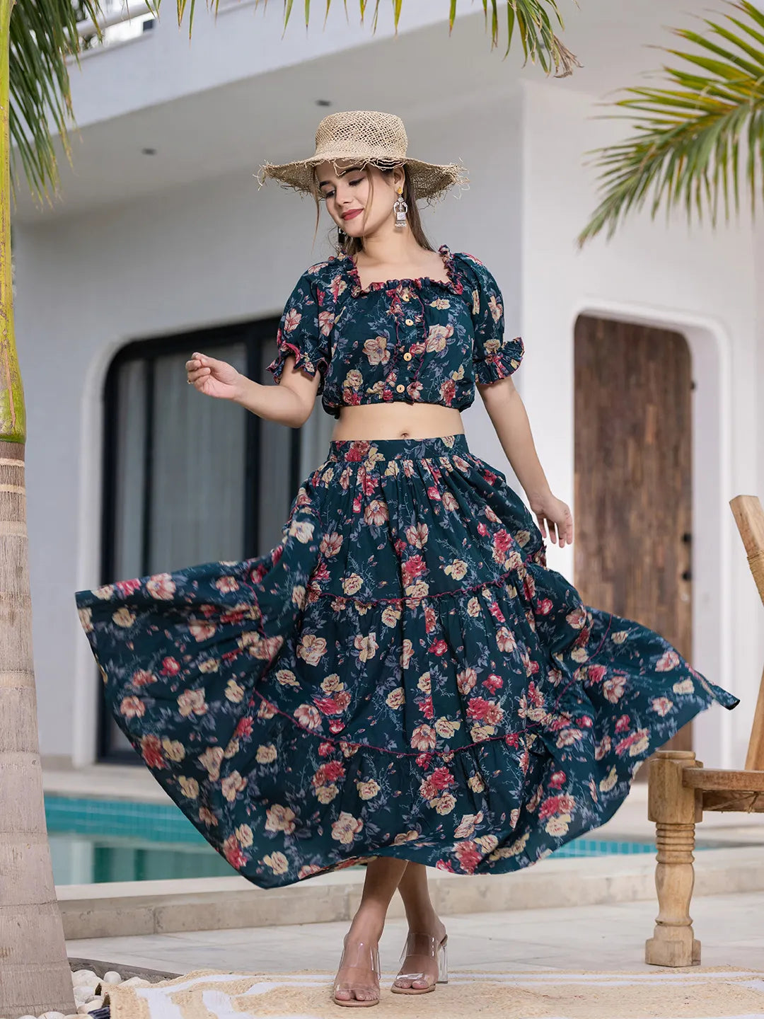 Yufta Cotton Green Skirt Co-Ord Set