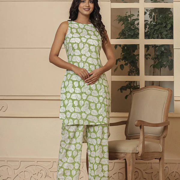 Yufta Cotton Green Summer Leaf Print Co-Ord Set - Distacart