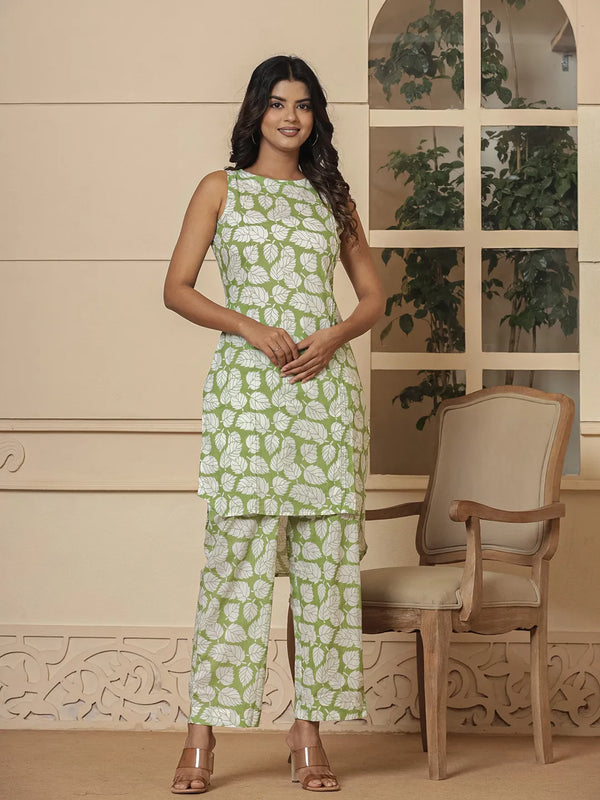 Yufta Cotton Green Summer Leaf Print Co-Ord Set