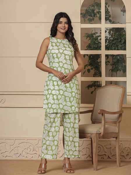 Yufta Cotton Green Summer Leaf Print Co-Ord Set