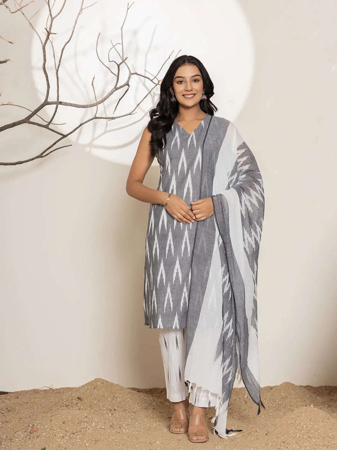 Yufta Cotton Grey Ikat Print Kurta Dupatta Set - Distacart