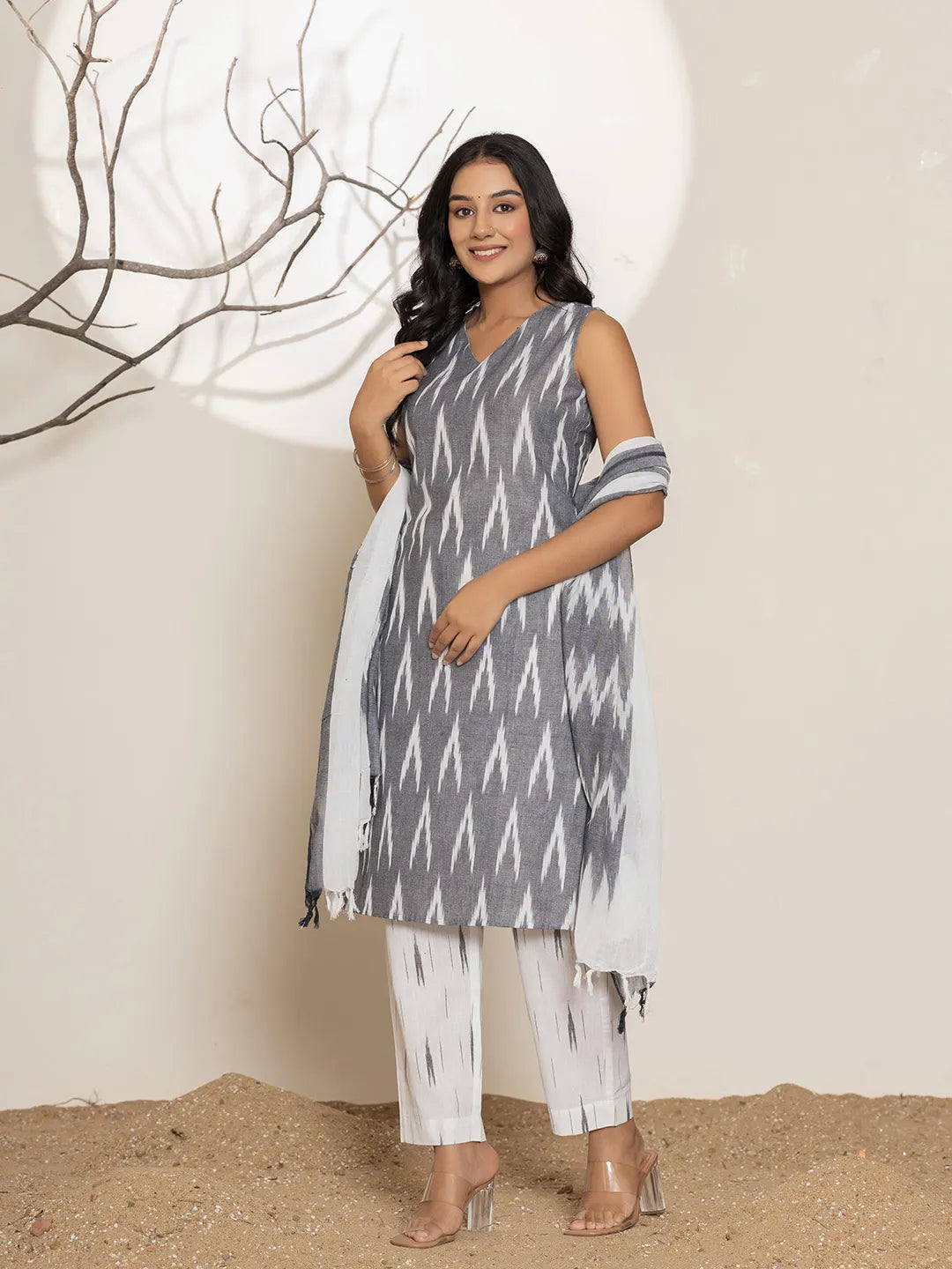 Yufta Cotton Grey Ikat Print Kurta Dupatta Set - Distacart