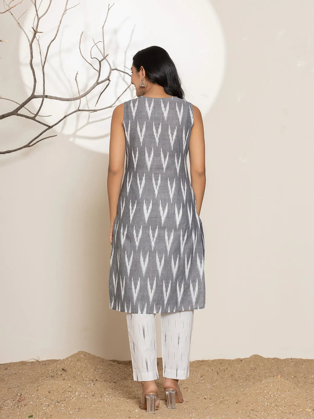 Yufta Cotton Grey Ikat Print Kurta Dupatta Set - Distacart
