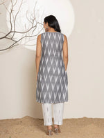 Thumbnail for Yufta Cotton Grey Ikat Print Kurta Dupatta Set - Distacart