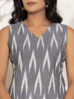Thumbnail for Yufta Cotton Grey Ikat Print Kurta Dupatta Set - Distacart