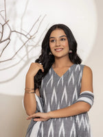 Thumbnail for Yufta Cotton Grey Ikat Print Kurta Dupatta Set - Distacart