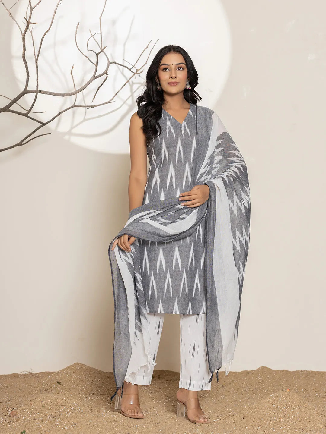 Yufta Cotton Grey Ikat Print Kurta Dupatta Set - Distacart