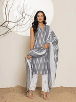 Thumbnail for Yufta Cotton Grey Ikat Print Kurta Dupatta Set - Distacart