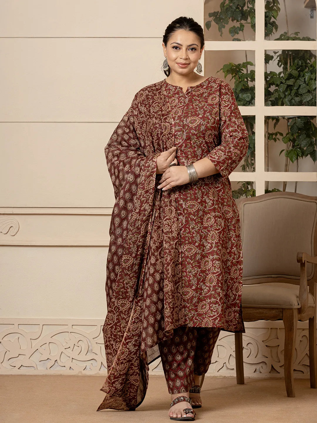 Yufta Cotton Maroon Plus Size Kurta Dupatta Set - Distacart