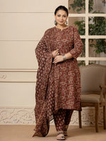 Thumbnail for Yufta Cotton Maroon Plus Size Kurta Dupatta Set - Distacart