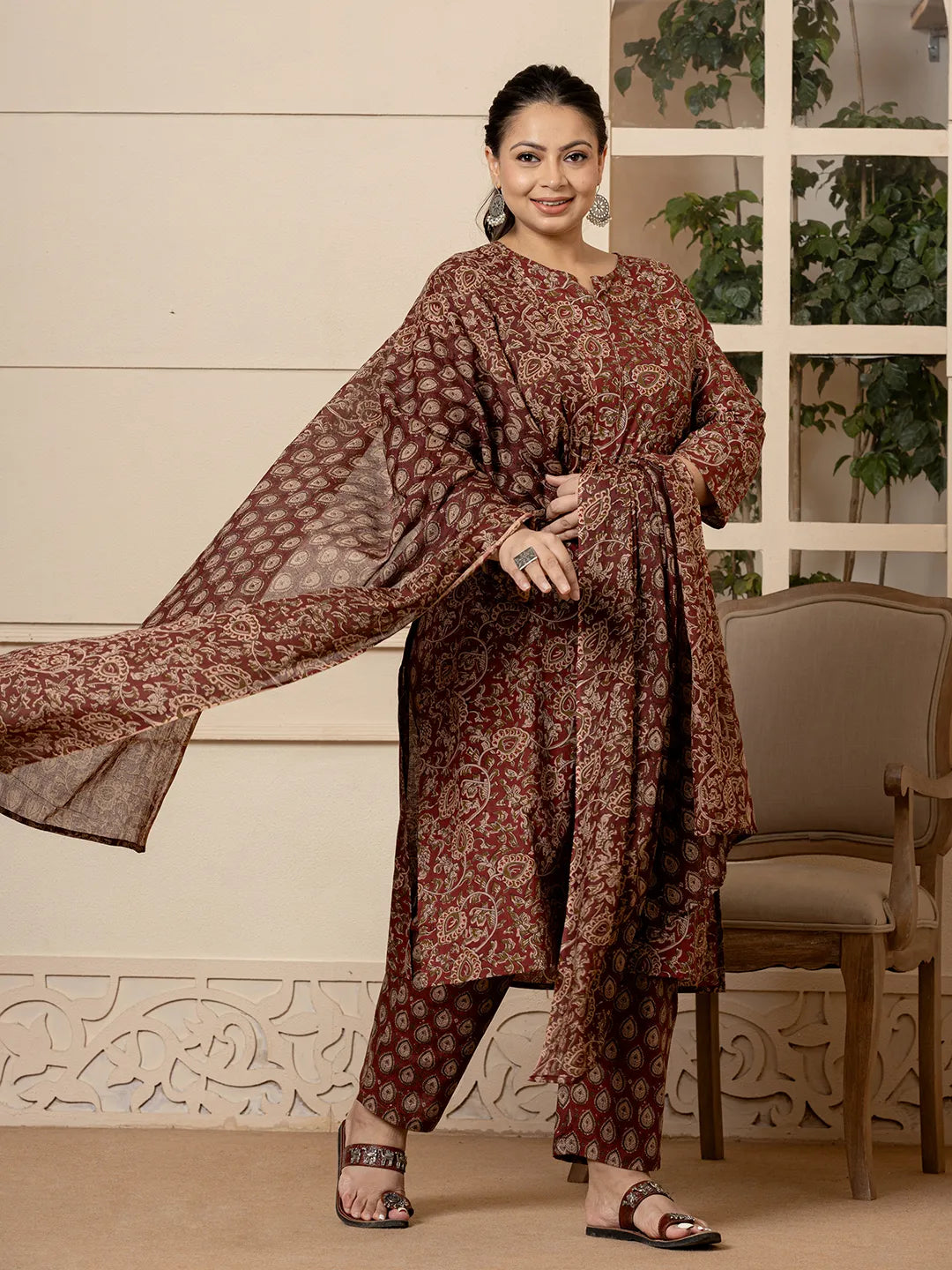 Yufta Cotton Maroon Plus Size Kurta Dupatta Set - Distacart