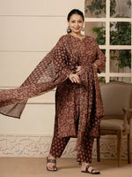 Thumbnail for Yufta Cotton Maroon Plus Size Kurta Dupatta Set - Distacart