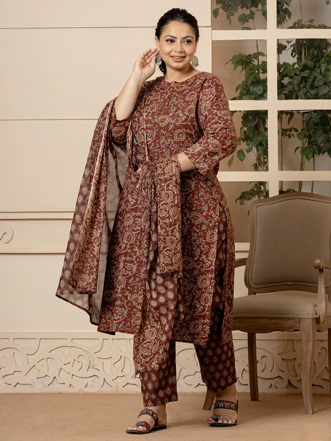 Yufta Cotton Maroon Plus Size Kurta Dupatta Set - Distacart