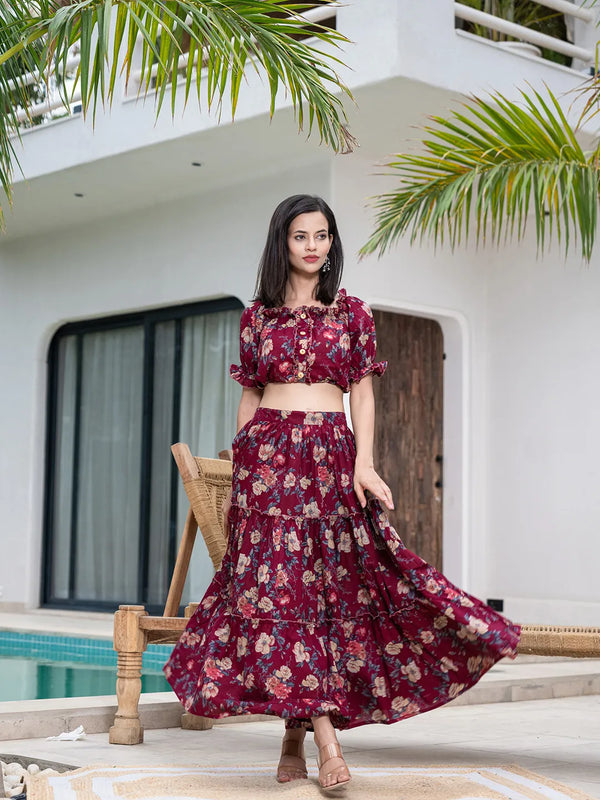 Yufta Cotton Maroon Skirt Co-Ord Set
