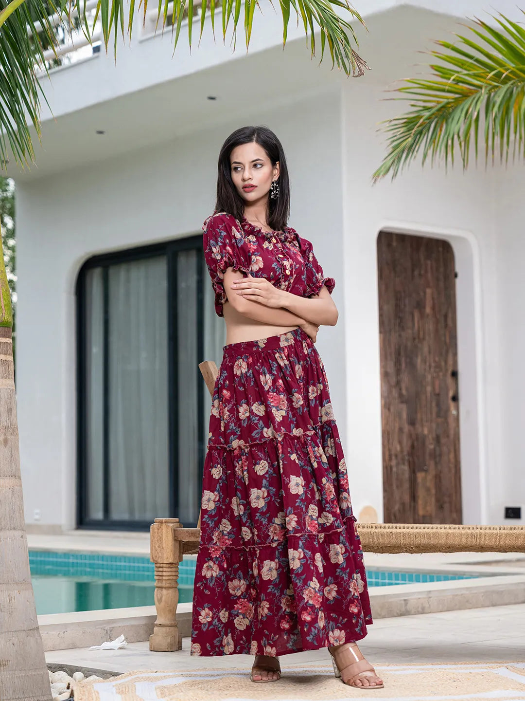 Yufta Cotton Maroon Skirt Co-Ord Set - Distacart