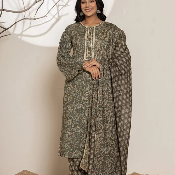 Yufta Military Green Cotton Pakistani Kurta Dupatta Set With Pant - Distacart