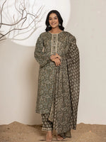 Thumbnail for Yufta Military Green Cotton Pakistani Kurta Dupatta Set With Pant