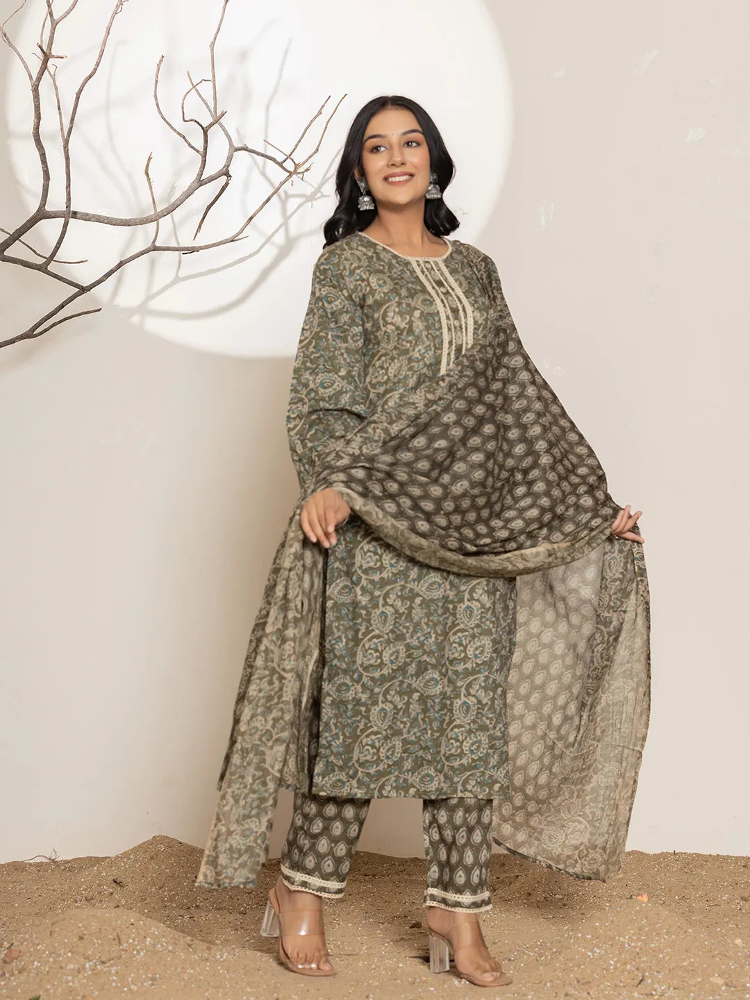 Yufta Military Green Cotton Pakistani Kurta Dupatta Set With Pant - Distacart