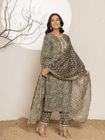 Thumbnail for Yufta Military Green Cotton Pakistani Kurta Dupatta Set With Pant