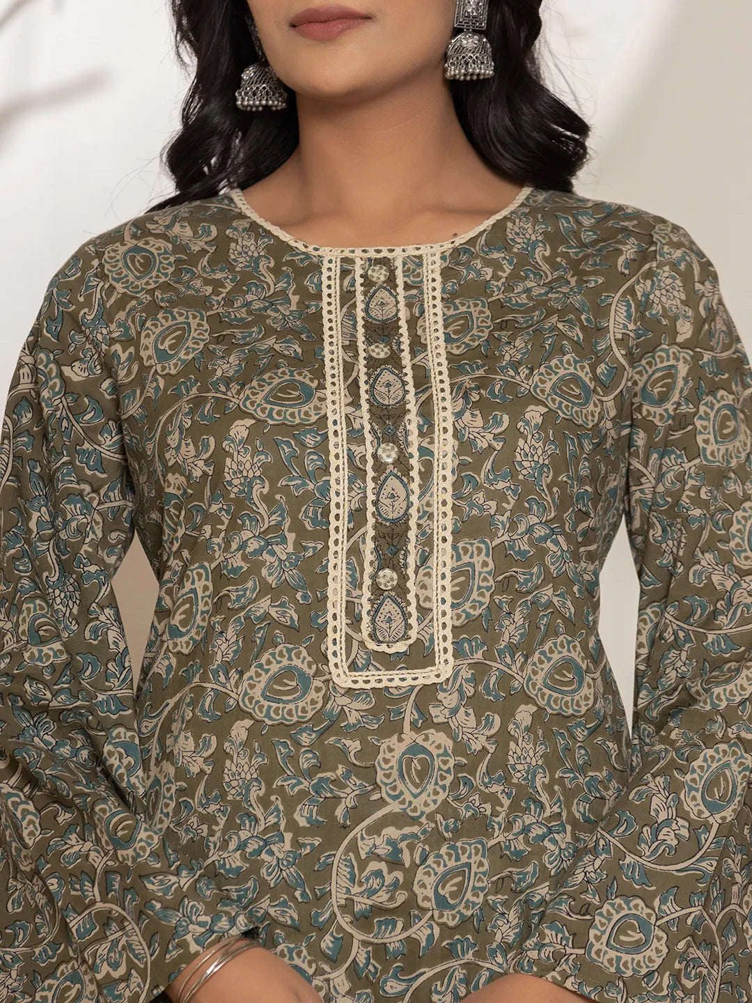 Yufta Military Green Cotton Pakistani Kurta Dupatta Set With Pant