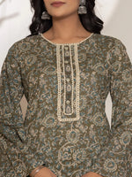 Thumbnail for Yufta Military Green Cotton Pakistani Kurta Dupatta Set With Pant