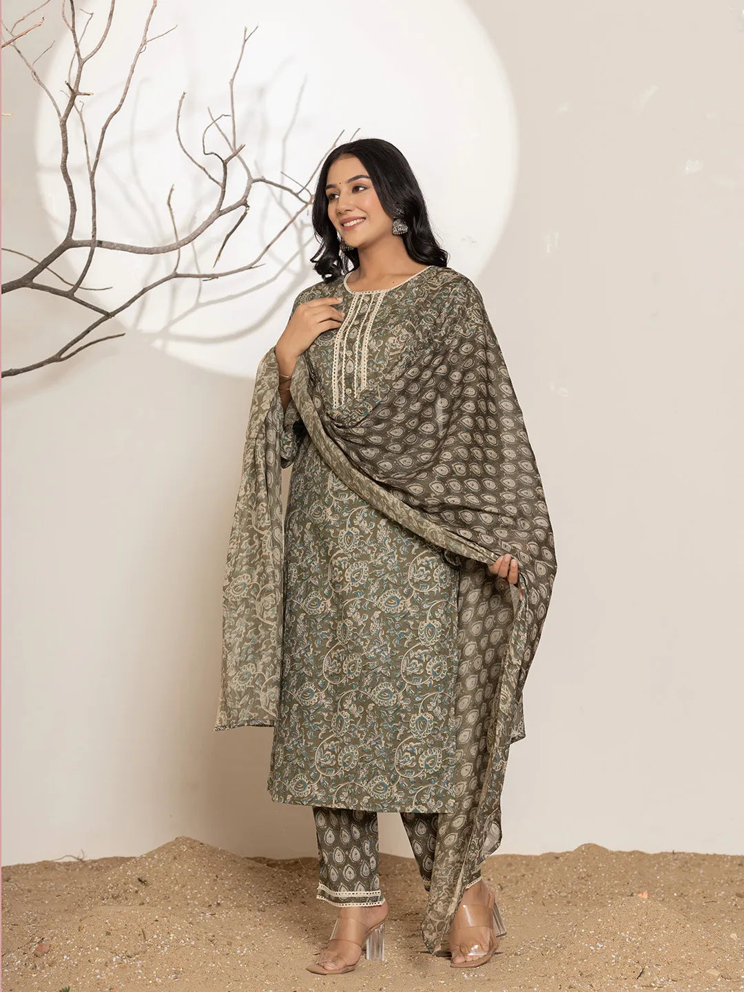 Yufta Military Green Cotton Pakistani Kurta Dupatta Set With Pant
