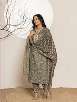 Thumbnail for Yufta Military Green Cotton Pakistani Kurta Dupatta Set With Pant
