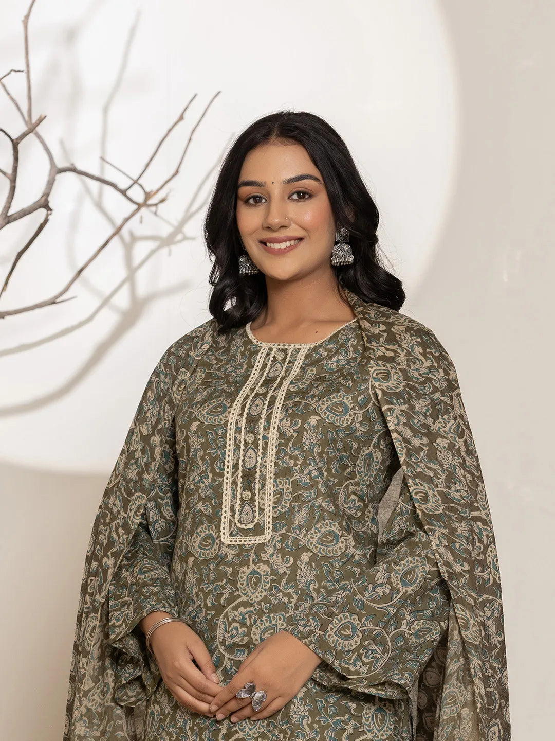 Yufta Military Green Cotton Pakistani Kurta Dupatta Set With Pant