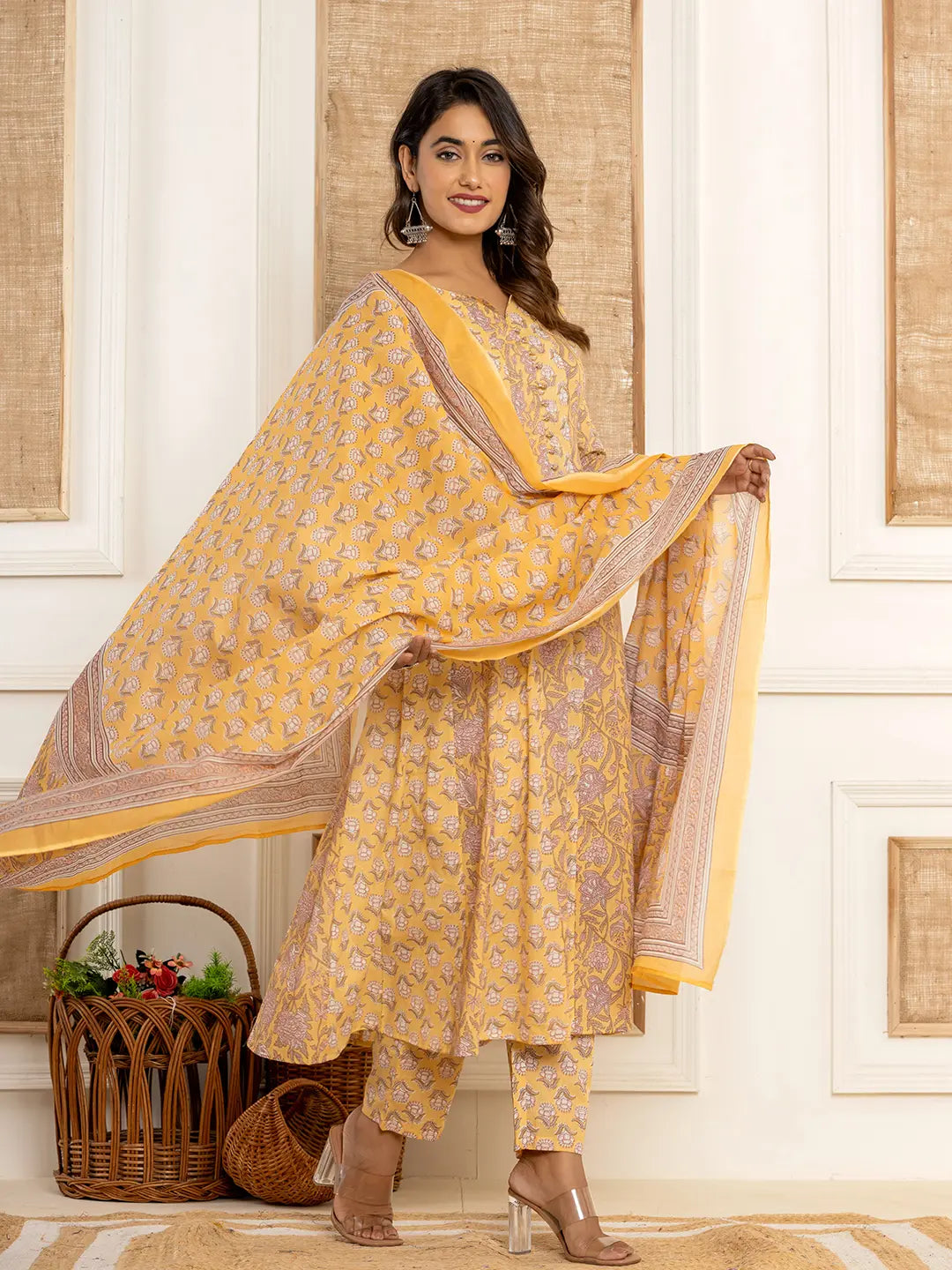 Yufta Cotton Mustard Anarkali Kurta Dupatta Set