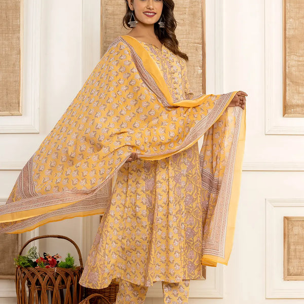 Yufta Cotton Mustard Anarkali Kurta Dupatta Set - Distacart