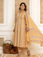 Thumbnail for Yufta Cotton Mustard Anarkali Kurta Dupatta Set