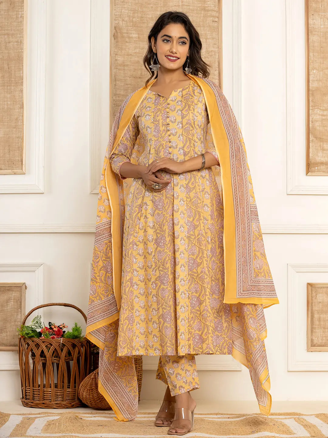 Yufta Cotton Mustard Anarkali Kurta Dupatta Set