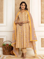 Thumbnail for Yufta Cotton Mustard Anarkali Kurta Dupatta Set