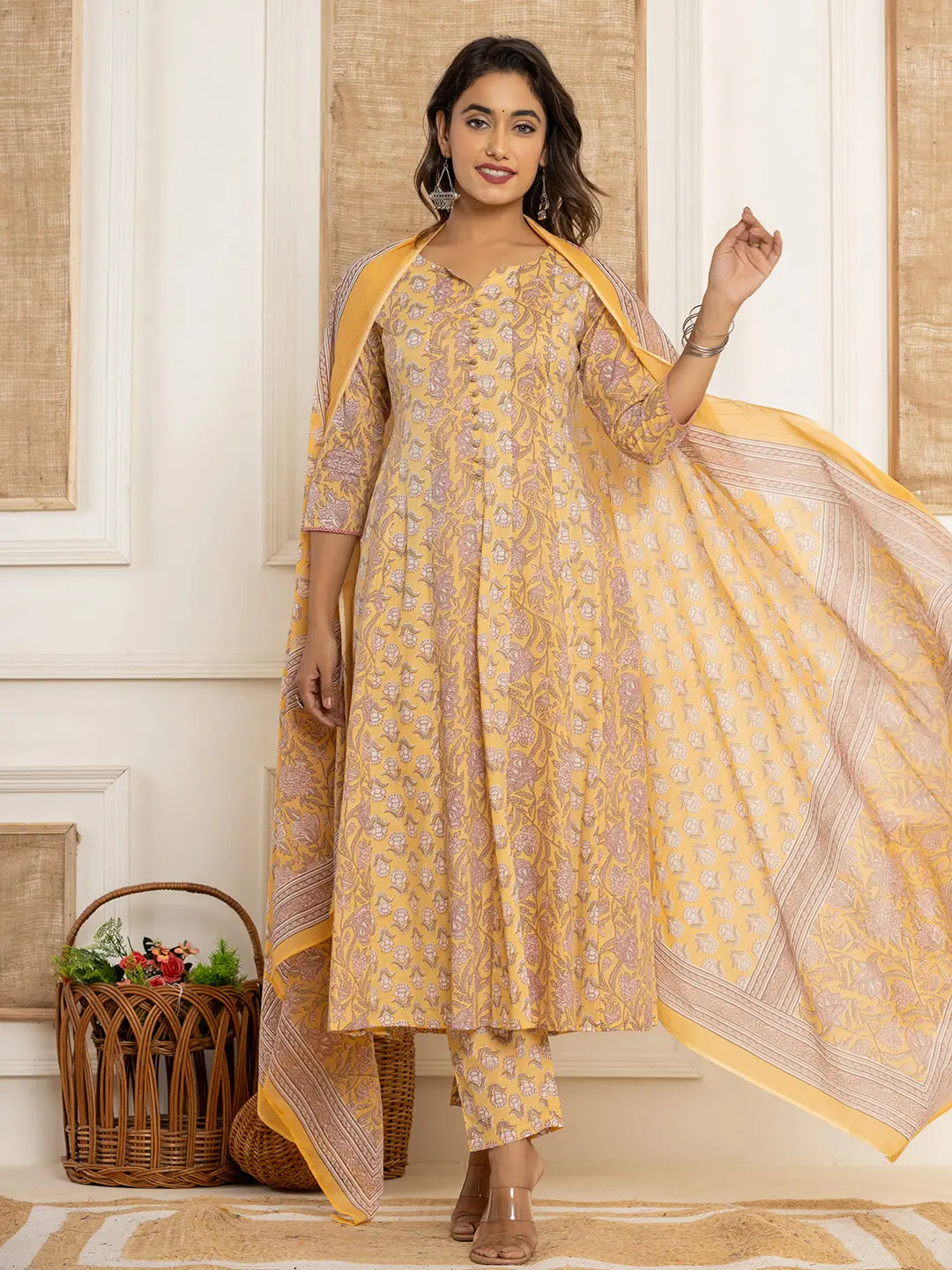 Yufta Cotton Mustard Anarkali Kurta Dupatta Set