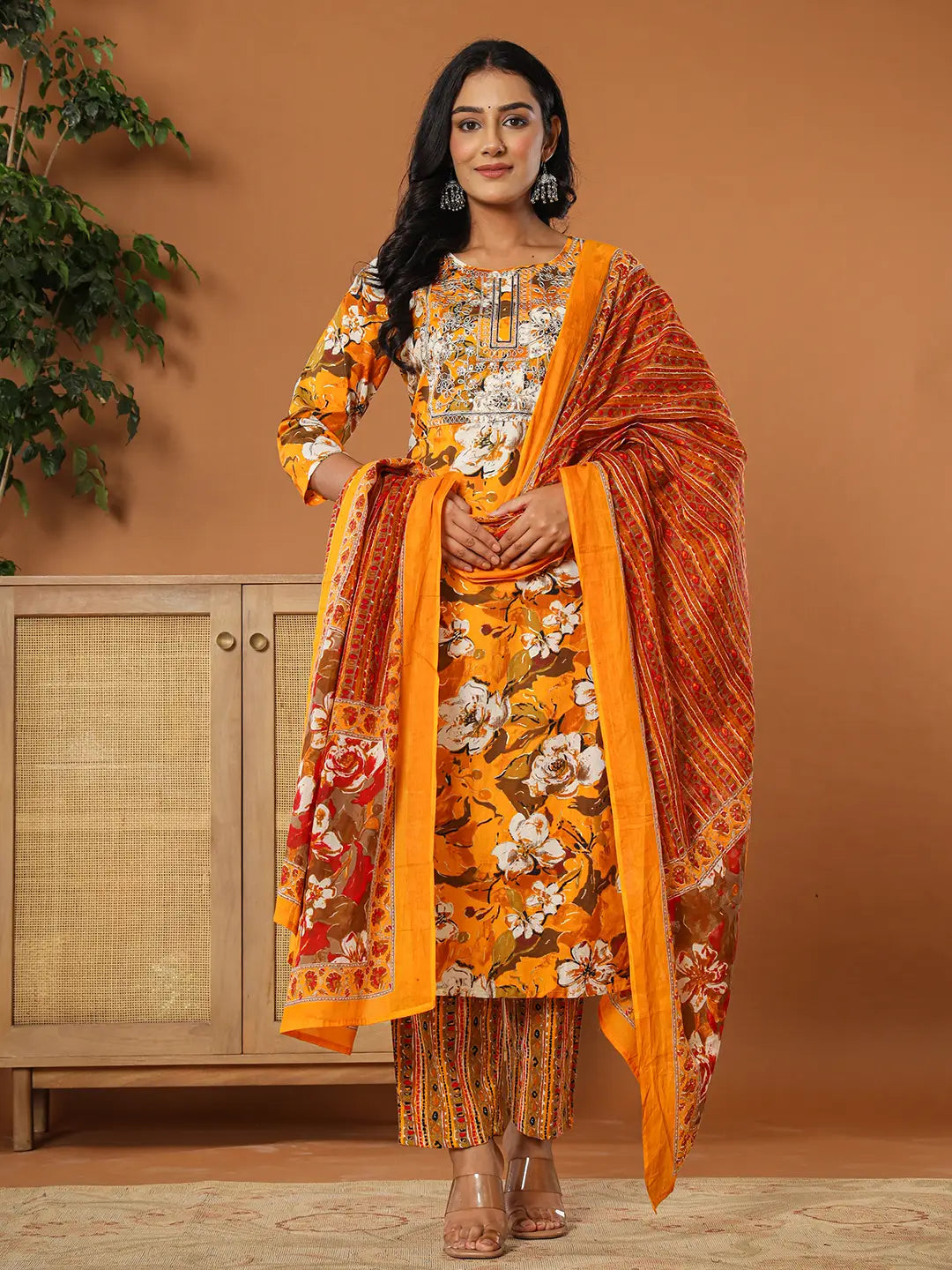 Yufta Cotton Mustard Embroidered Kurta Dupatta Set - Distacart