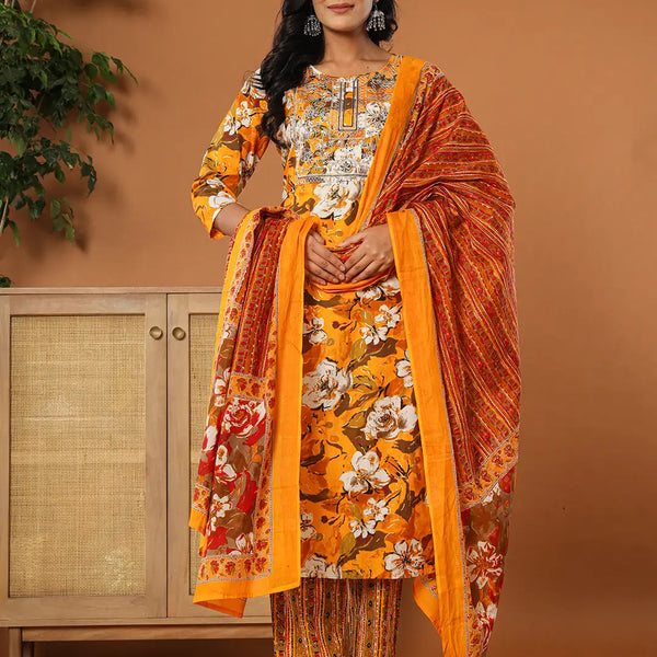 Yufta Cotton Mustard Embroidered Kurta Dupatta Set - Distacart