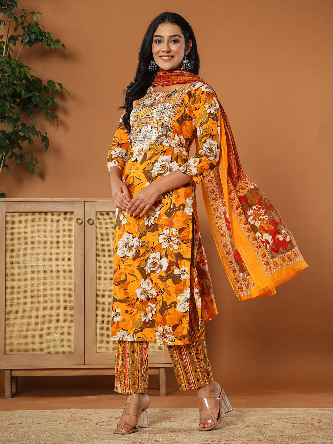 Yufta Cotton Mustard Embroidered Kurta Dupatta Set - Distacart