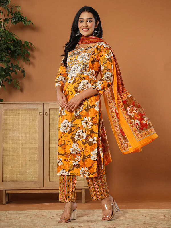 Yufta Cotton Mustard Embroidered Kurta Dupatta Set