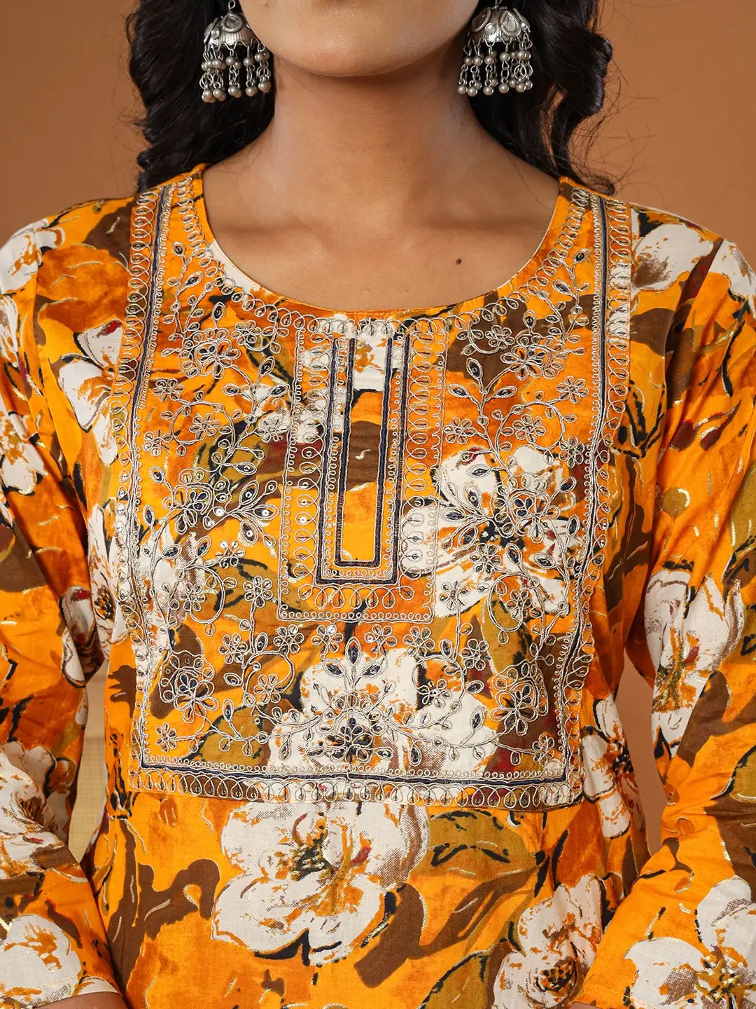 Yufta Cotton Mustard Embroidered Kurta Dupatta Set