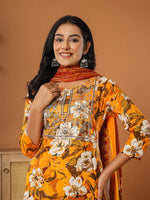 Thumbnail for Yufta Cotton Mustard Embroidered Kurta Dupatta Set