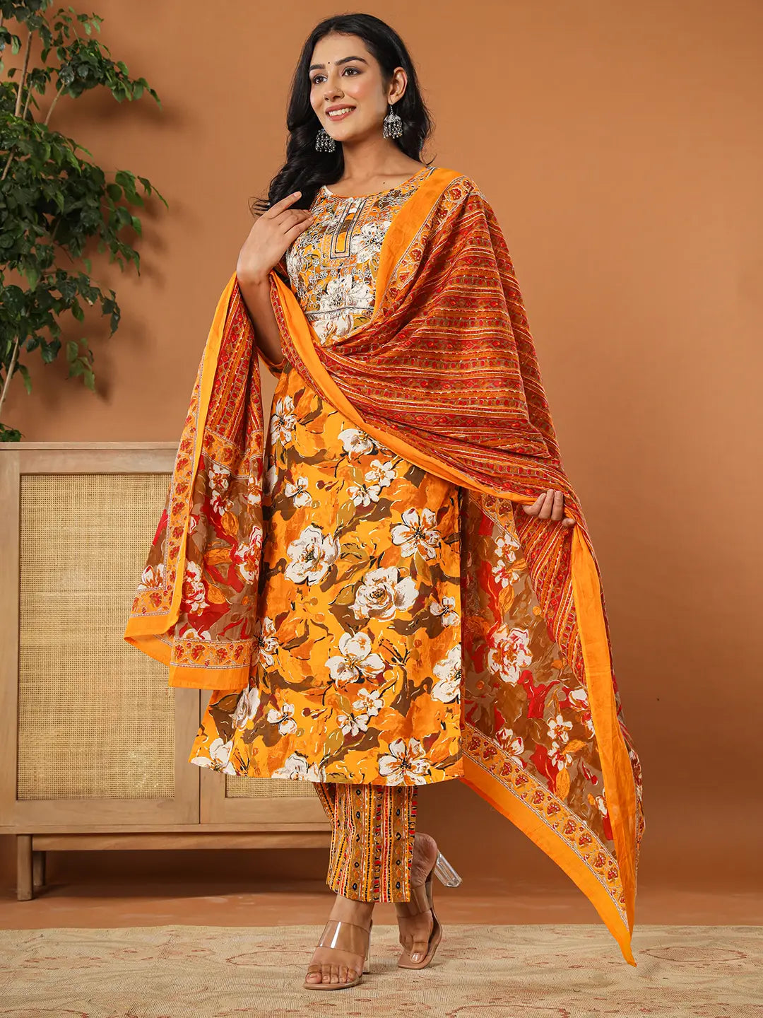 Yufta Cotton Mustard Embroidered Kurta Dupatta Set