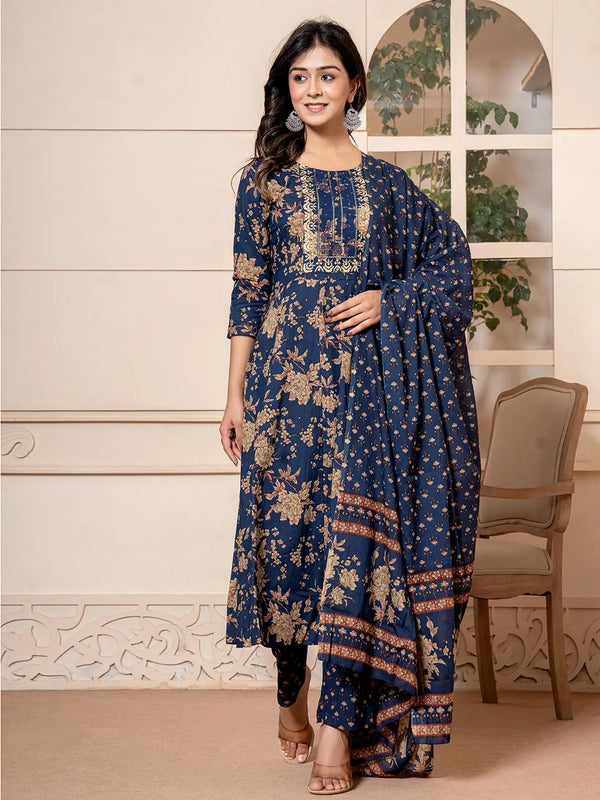 Yufta Cotton Navy Blue Anarkali Dupatta Set