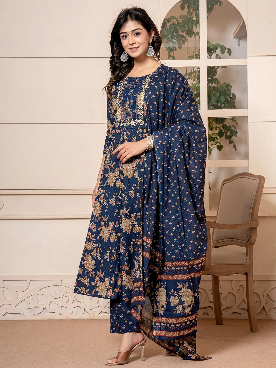 Yufta Cotton Navy Blue Anarkali Dupatta Set - Distacart