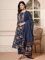 Thumbnail for Yufta Cotton Navy Blue Anarkali Dupatta Set